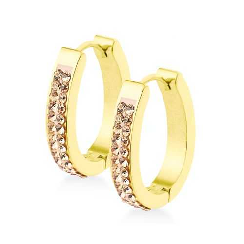 Oval Yellow Gold plated Steel Huggies with Champagne Crystals